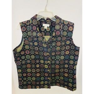 Christopher And Banks Vest Women 1X Black Multi Color Zip Tapestry Circle